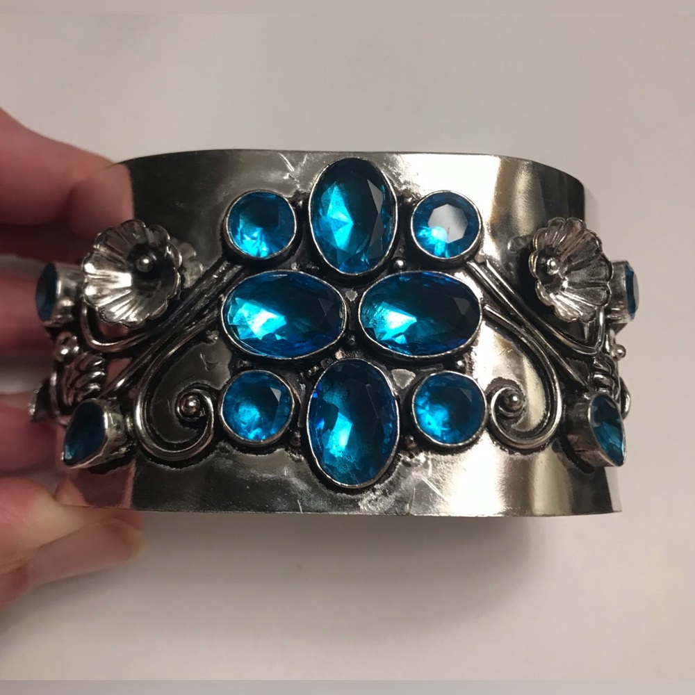 Blue Topaz Stamped Solid 925 Sterling Silver Cuff Bracelet